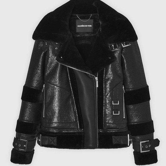 MANIÈRE DE VOIR Jackets & Blazers - NEW VEGAN LEATHER PLUSH TEDDY BIKER JACKET - BLACK, US 4, NWT